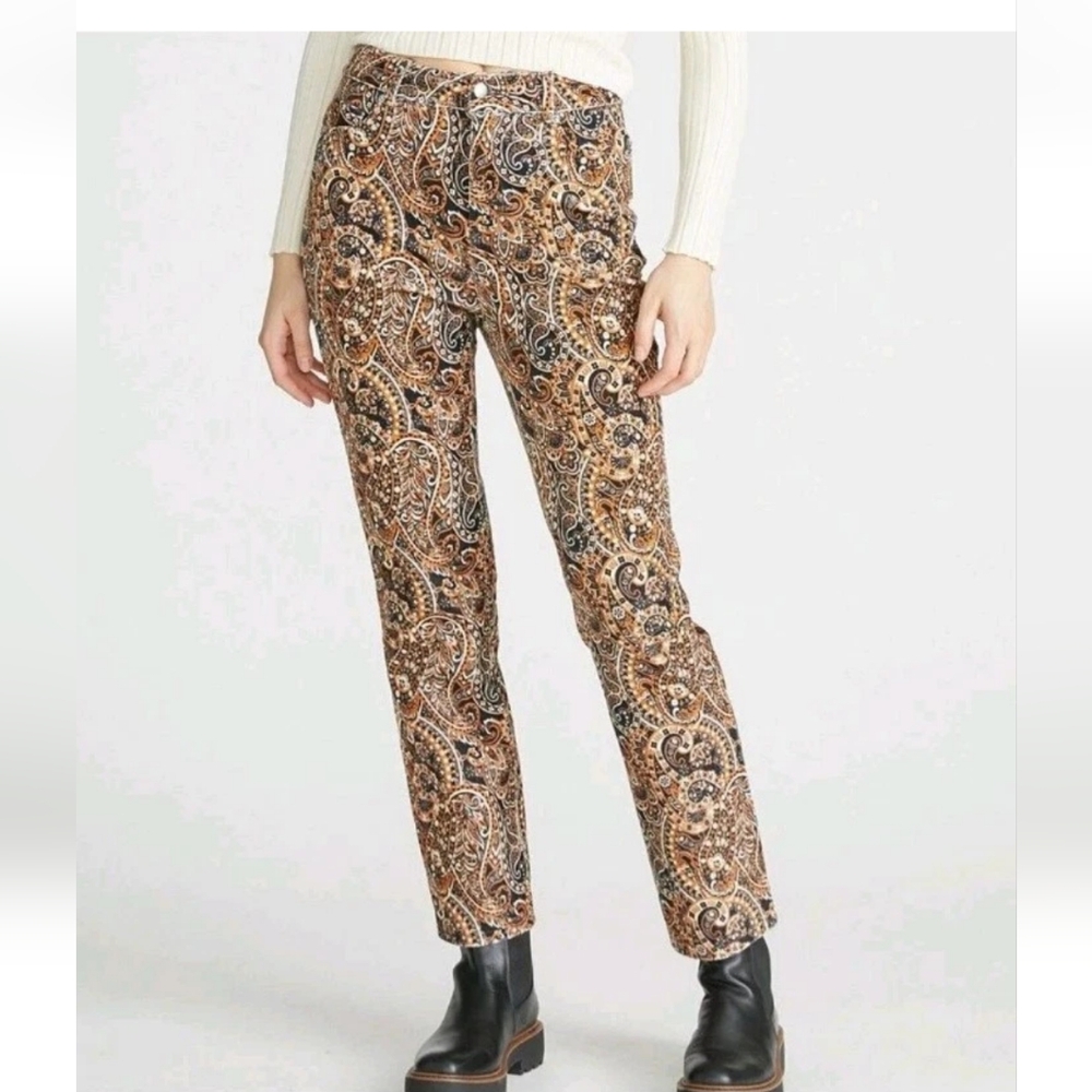 Driftwood Stella Velvet Trouser Pants Sz 26 28/28 Black Jacquard Brown Pailsey